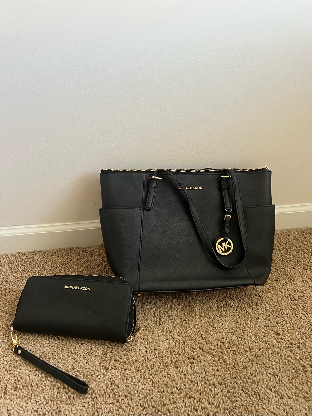 Michael Kors Black Leather Tote with Matching Wallet
